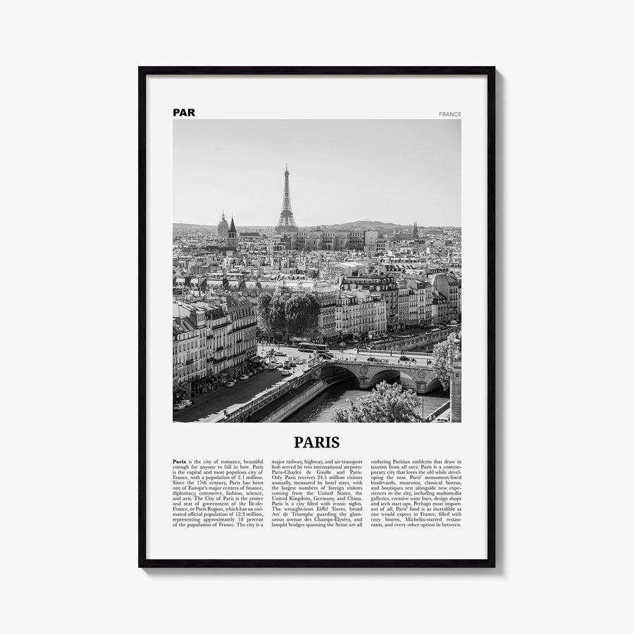 Paris no. 2 black & white newspaper poster of France – vertical wall art, unframed print shown in interior mockup