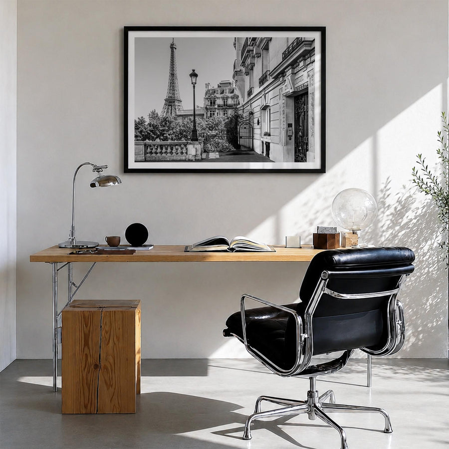 Paris no. 2 black & white photo poster of France – horizontal wall art in black wood frame with white border, hanging on wall