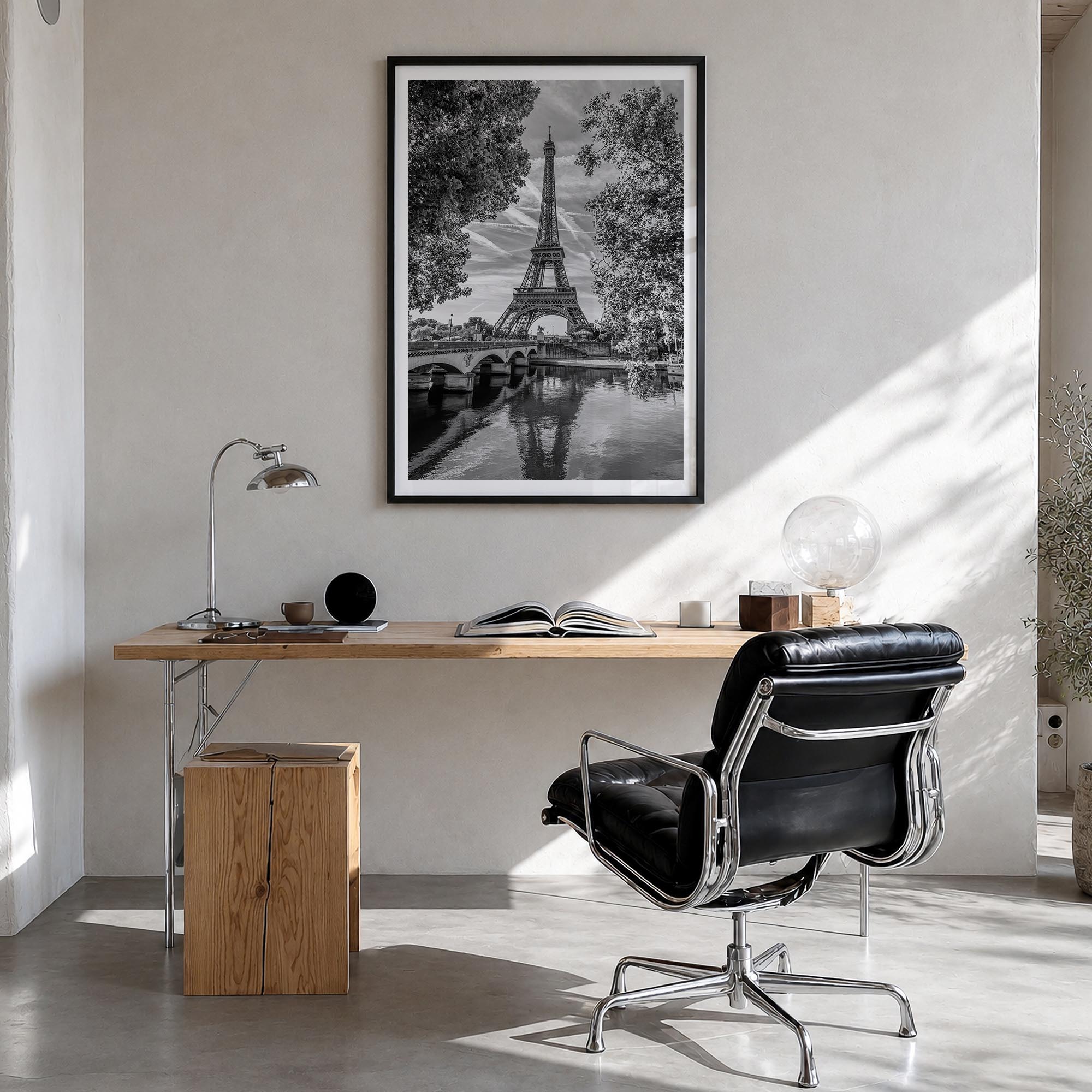 Paris no. 2 black & white photo poster of France – vertical wall art in black wood frame with white border, hanging on wall