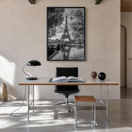Paris no. 2 black & white photo poster of France – vertical wall art in black wood frame, hanging on wall