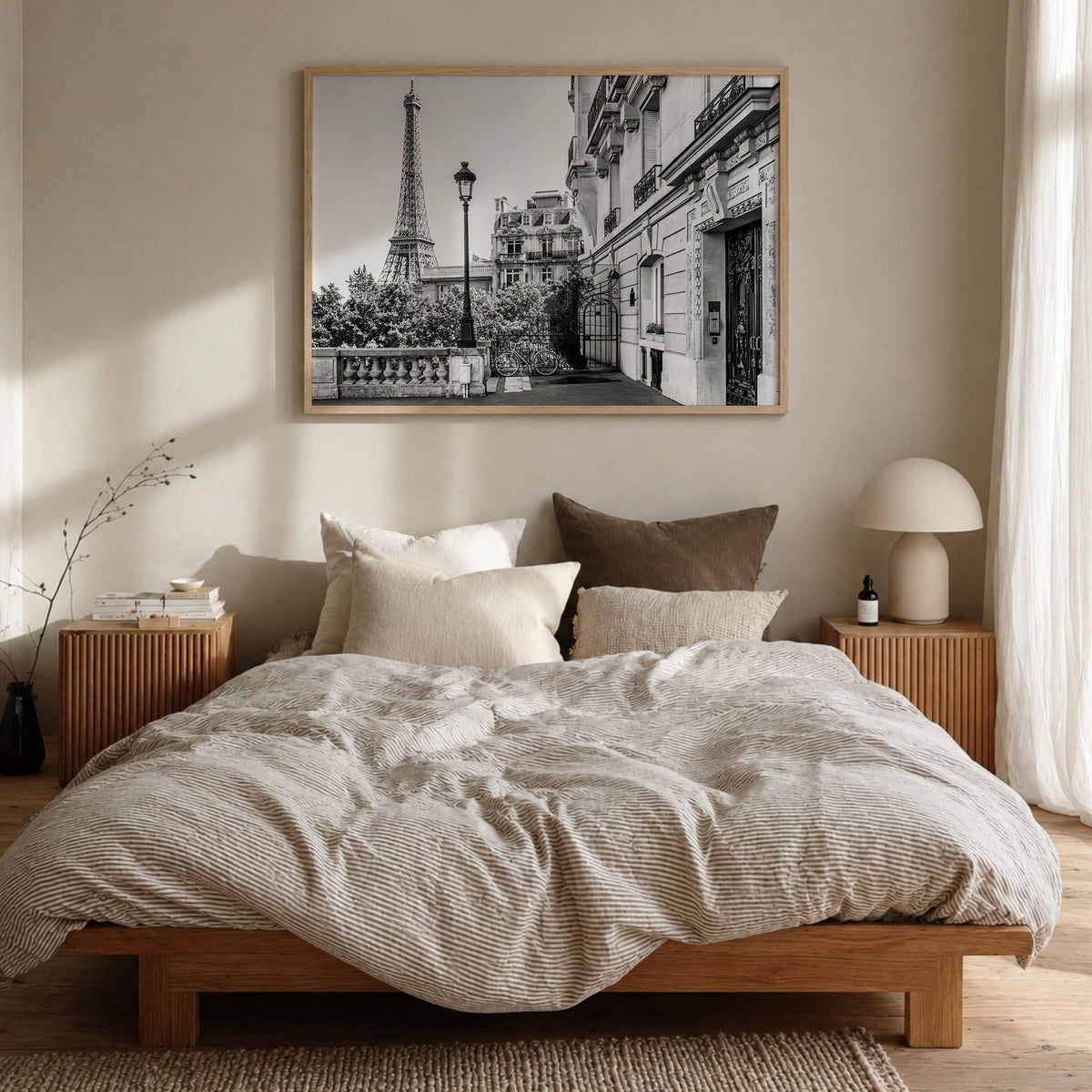 Paris no. 2 black & white photo poster of France – horizontal wall art in natural wood frame, hanging on wall