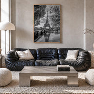 Paris no. 2 black & white photo poster of France – vertical wall art in natural wood frame, hanging on wall