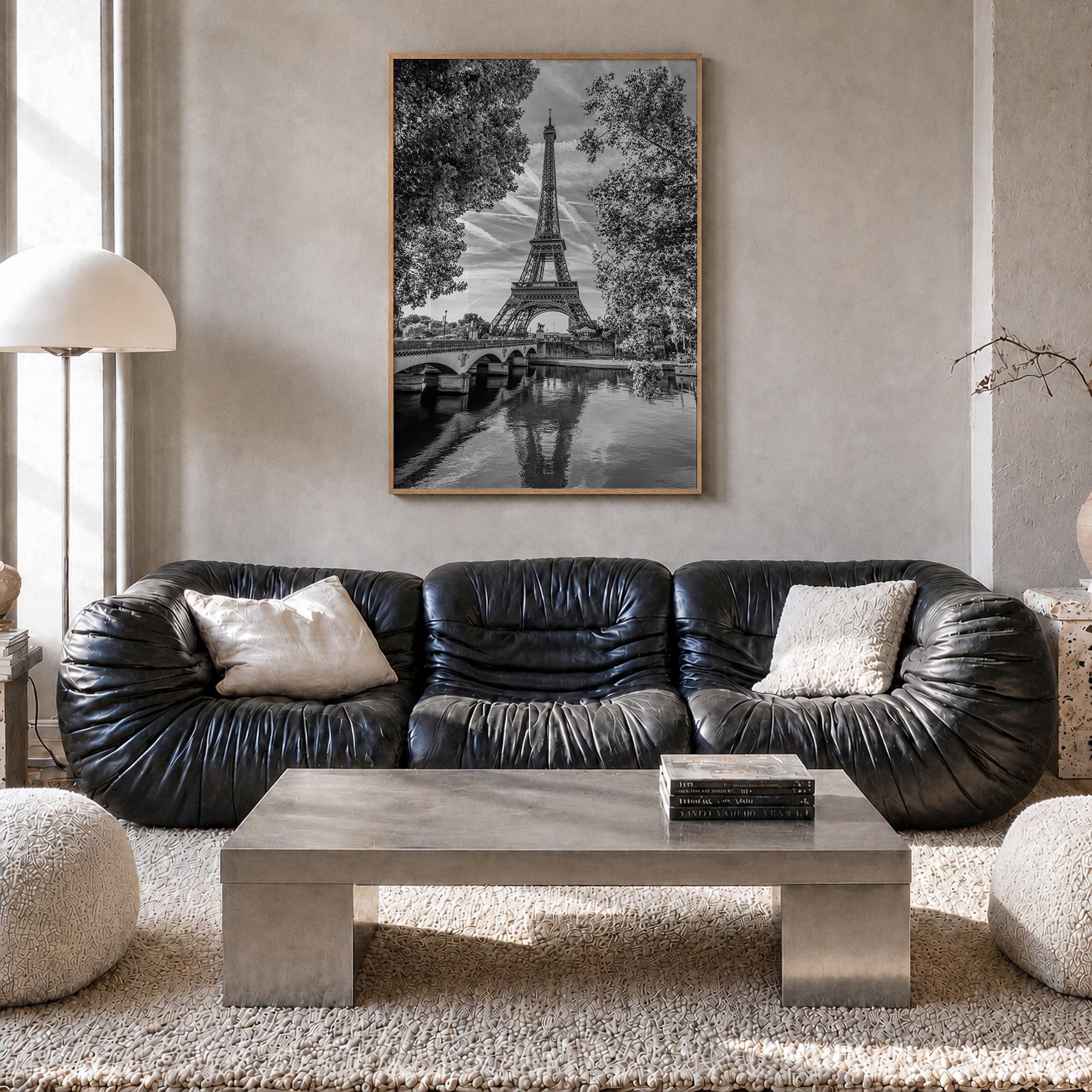 Paris no. 2 black & white photo poster of France – vertical wall art in natural wood frame, hanging on wall