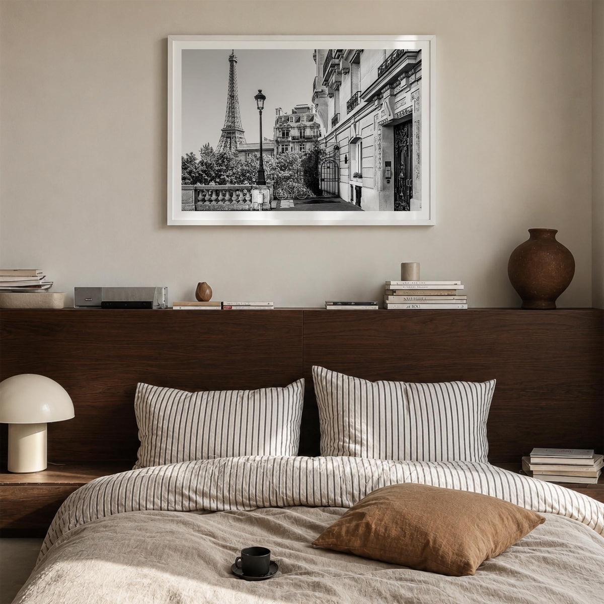 Paris no. 2 black & white photo poster of France – horizontal wall art in white wood frame with white border, hanging on wall