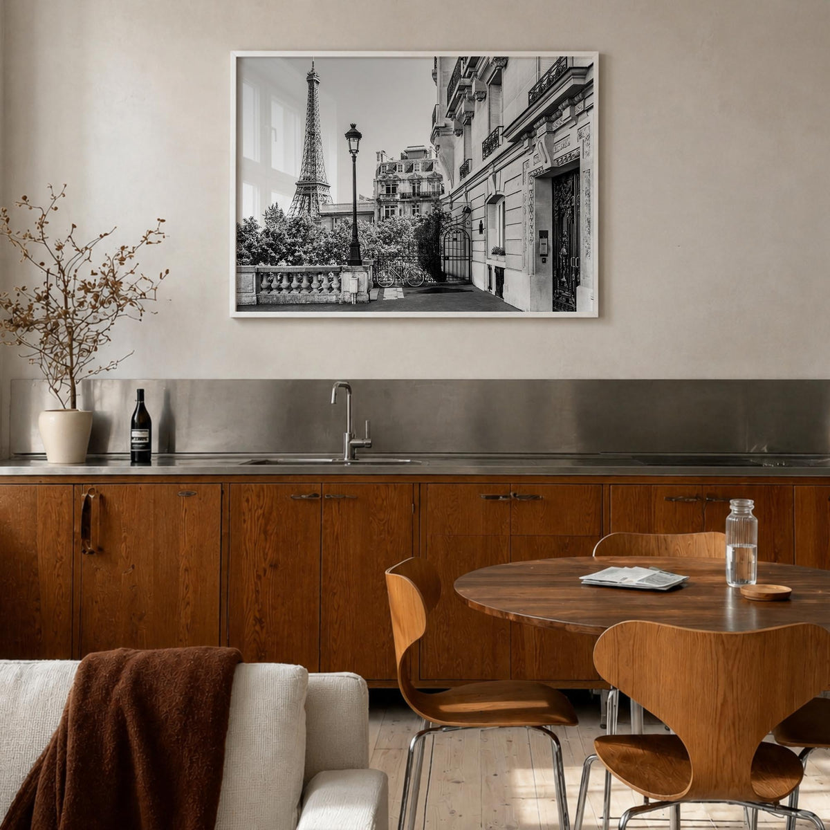 Paris no. 2 black & white photo poster of France – horizontal wall art in white wood frame, hanging on wall