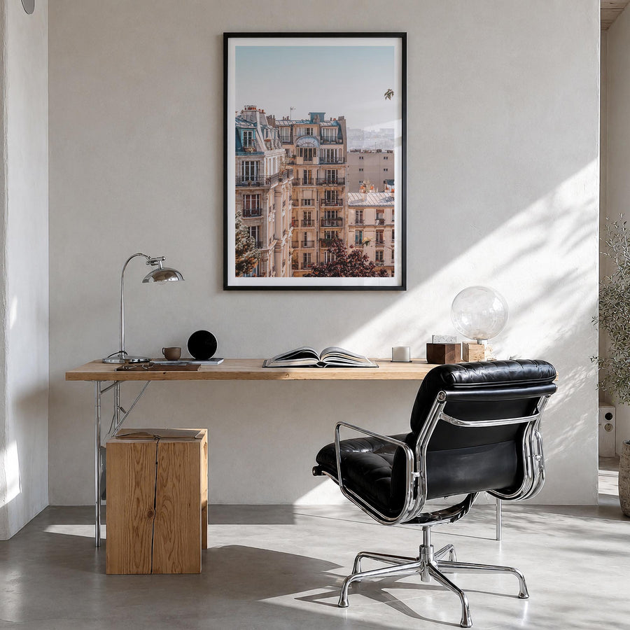 Paris no. 2 colorful photo poster of France – vertical wall art in black wood frame with white border, hanging on wall