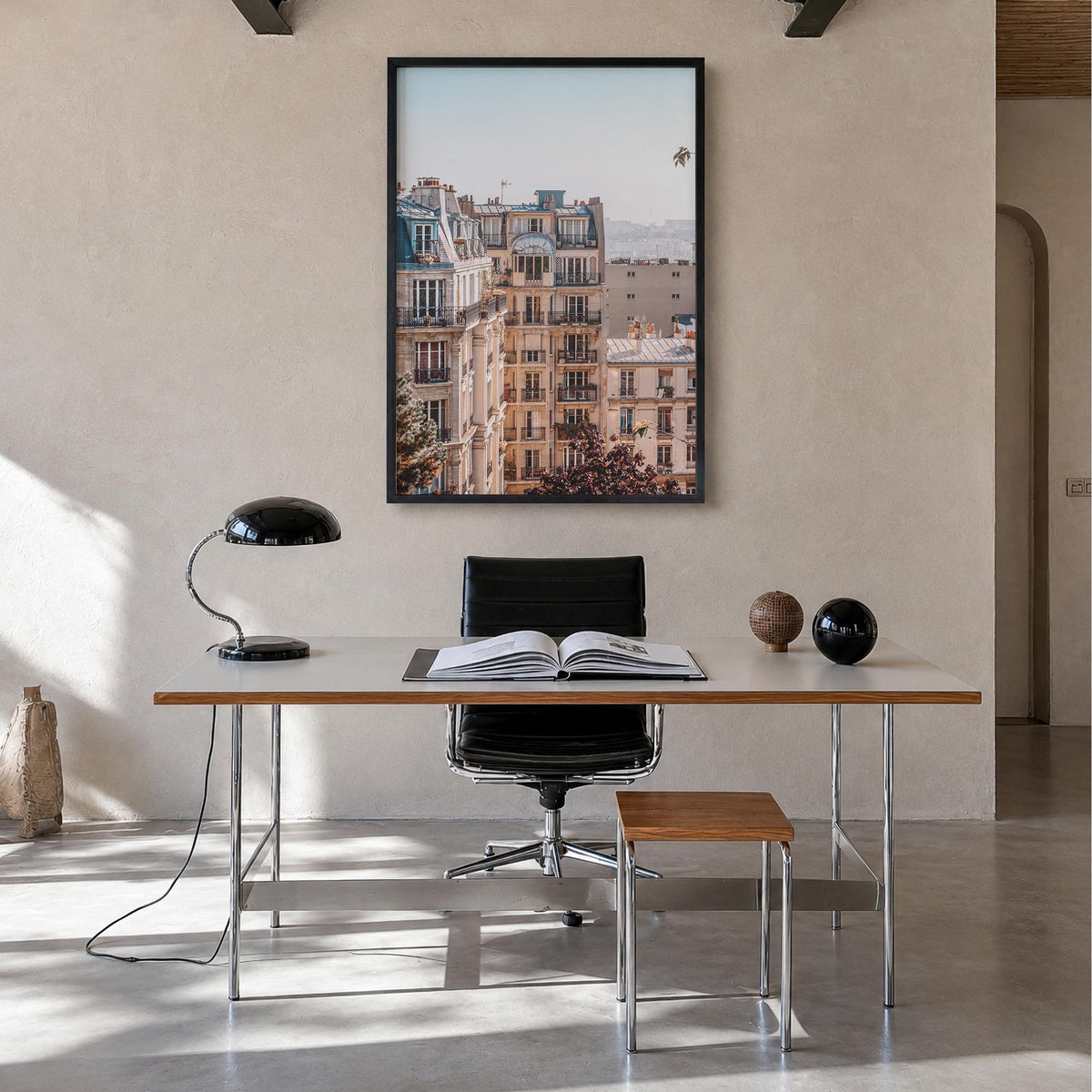 Paris no. 2 colorful photo poster of France – vertical wall art in black wood frame, hanging on wall