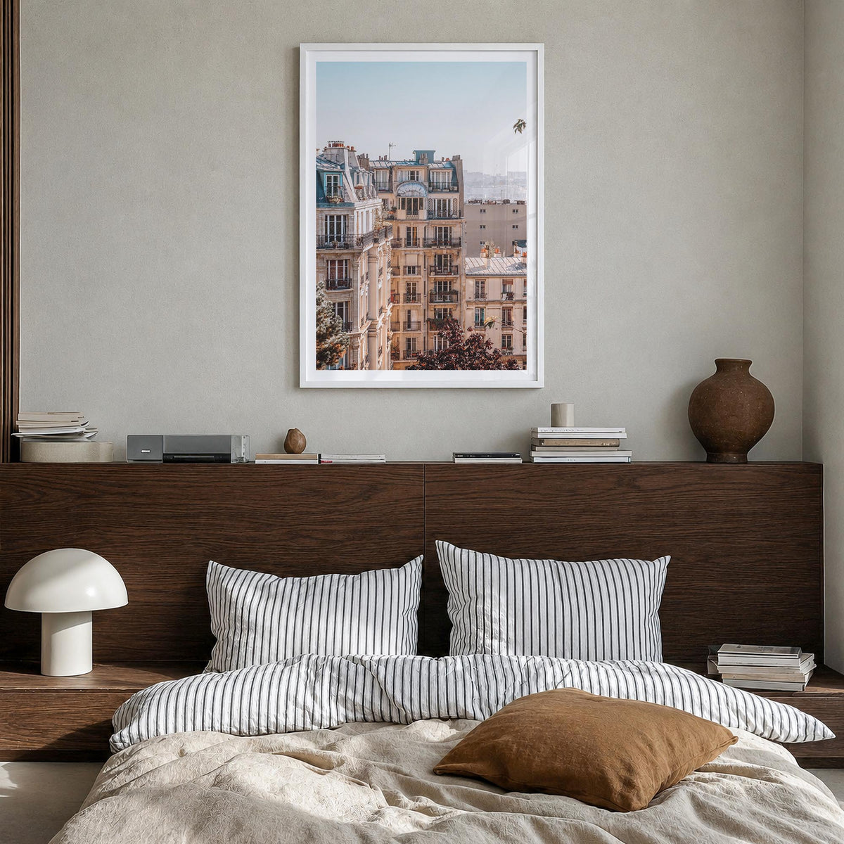 Paris no. 2 colorful photo poster of France – vertical wall art in white wood frame with white border, hanging on wall
