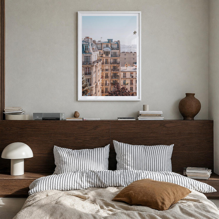 Paris no. 2 colorful photo poster of France – vertical wall art in white wood frame with white border, hanging on wall