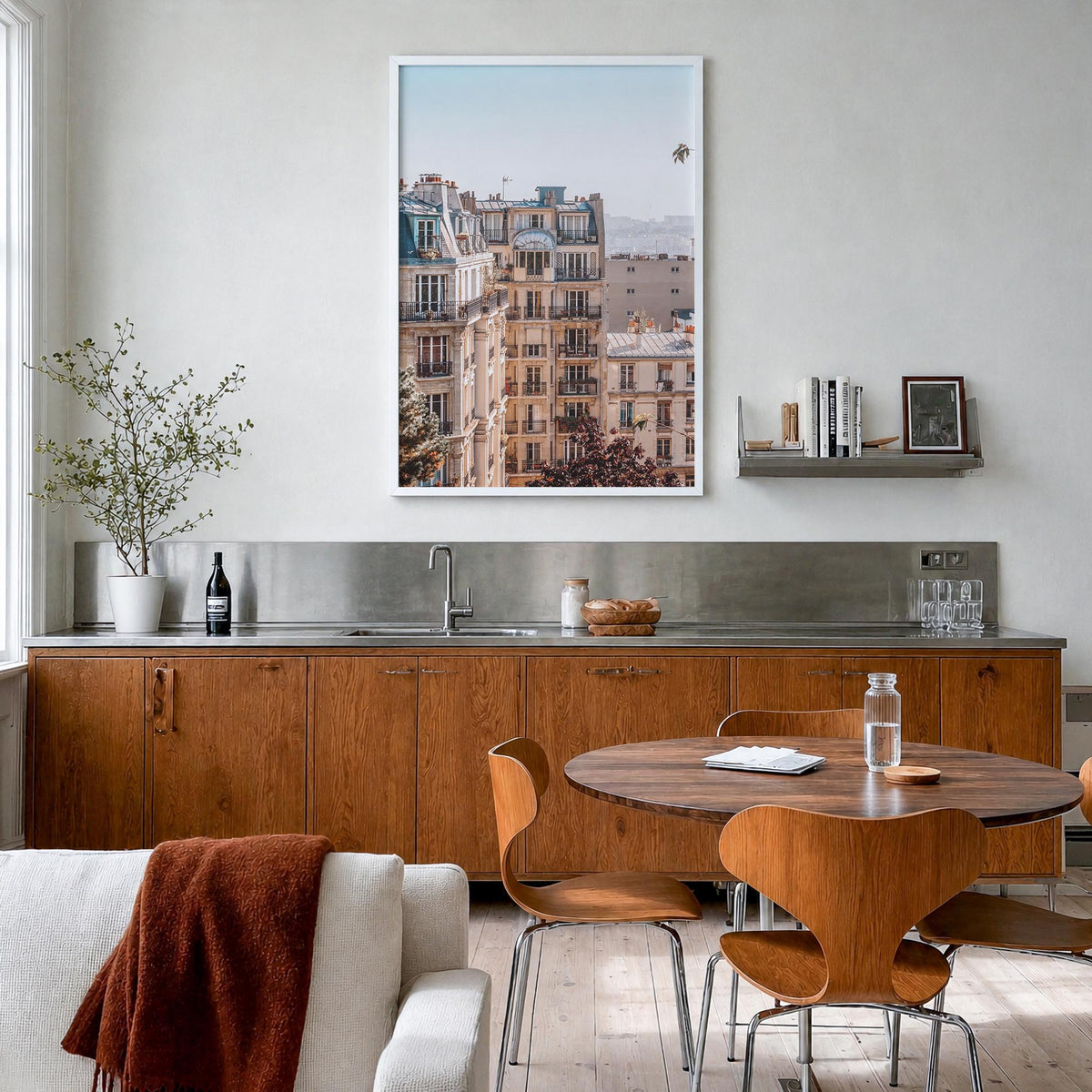 Paris no. 2 colorful photo poster of France – vertical wall art in white wood frame, hanging on wall