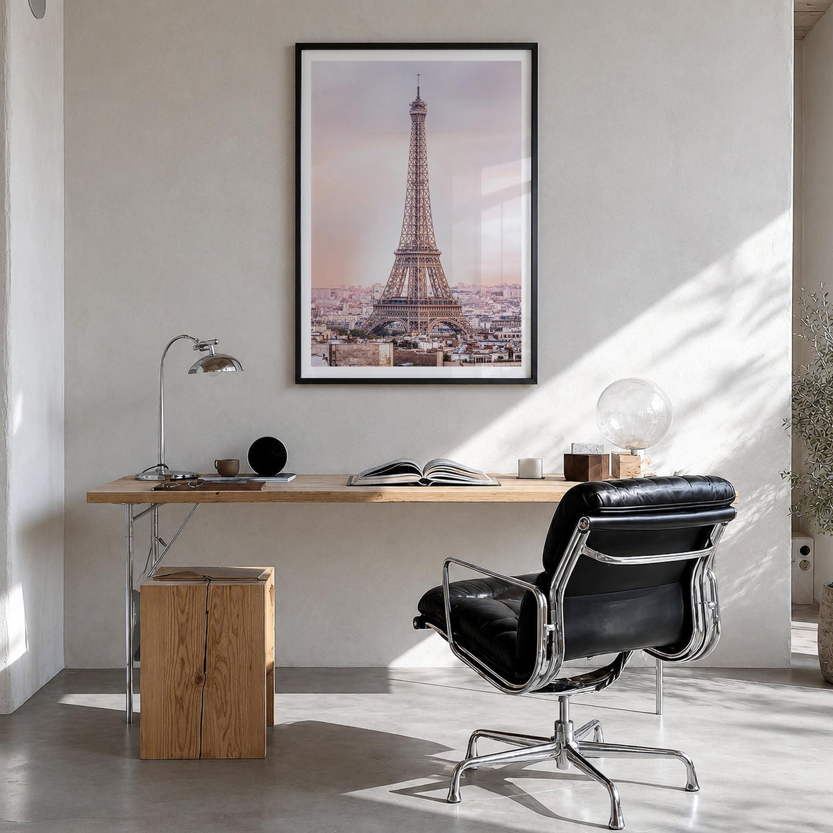 Paris no. 3 colorful photo poster of France – vertical wall art in black wood frame with white border, hanging on wall