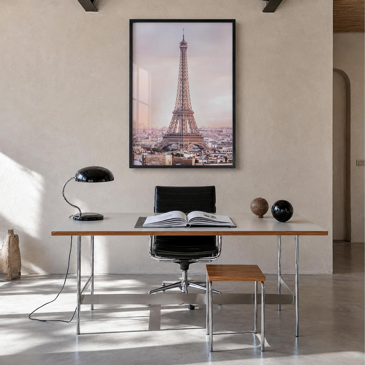 Paris no. 3 colorful photo poster of France – vertical wall art in black wood frame, hanging on wall