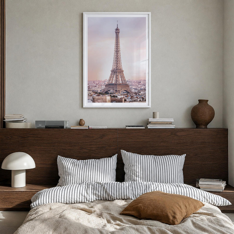Paris no. 3 colorful photo poster of France – vertical wall art in white wood frame with white border, hanging on wall