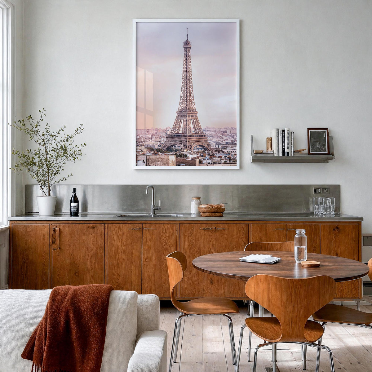 Paris no. 3 colorful photo poster of France – vertical wall art in white wood frame, hanging on wall