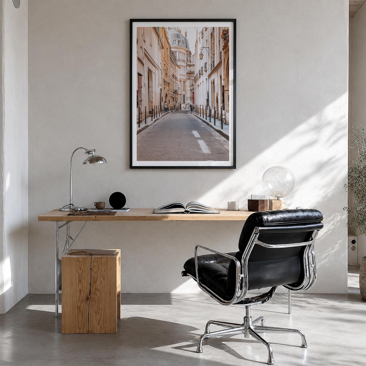 Paris no. 4 colorful photo poster of France – vertical wall art in black wood frame with white border, hanging on wall