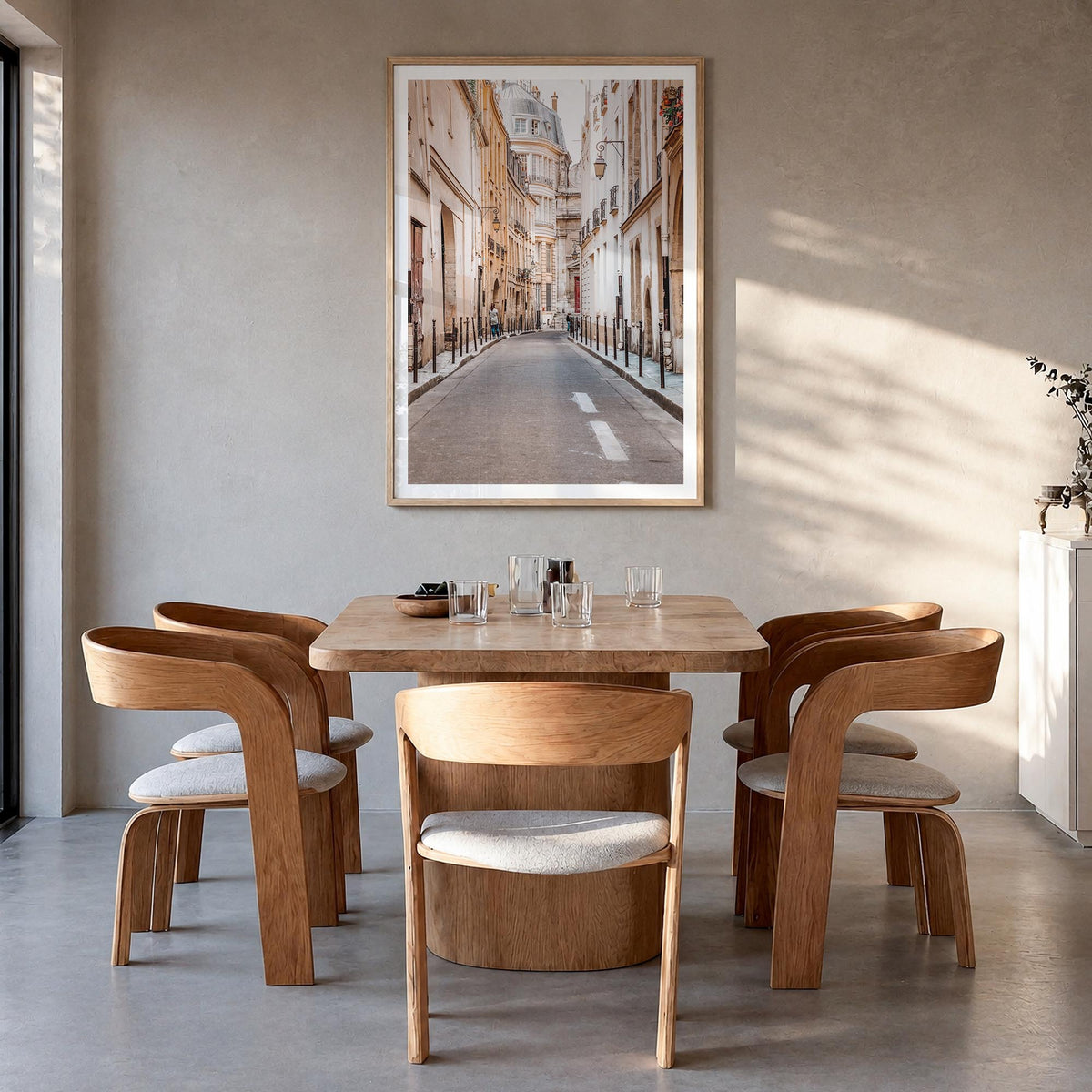 Paris no. 4 colorful photo poster of France – vertical wall art in natural wood frame with white border, hanging on wall