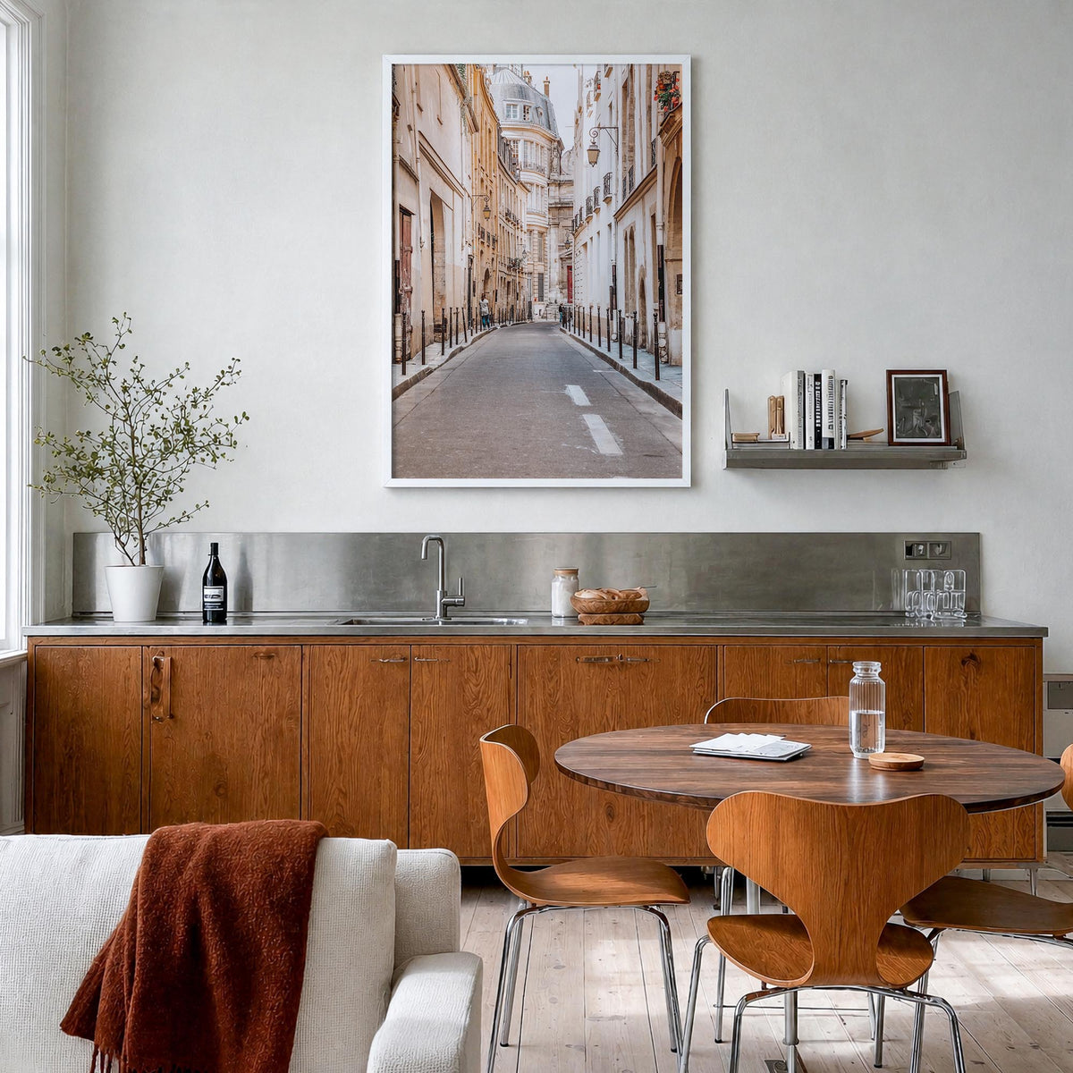 Paris no. 4 colorful photo poster of France – vertical wall art in white wood frame, hanging on wall