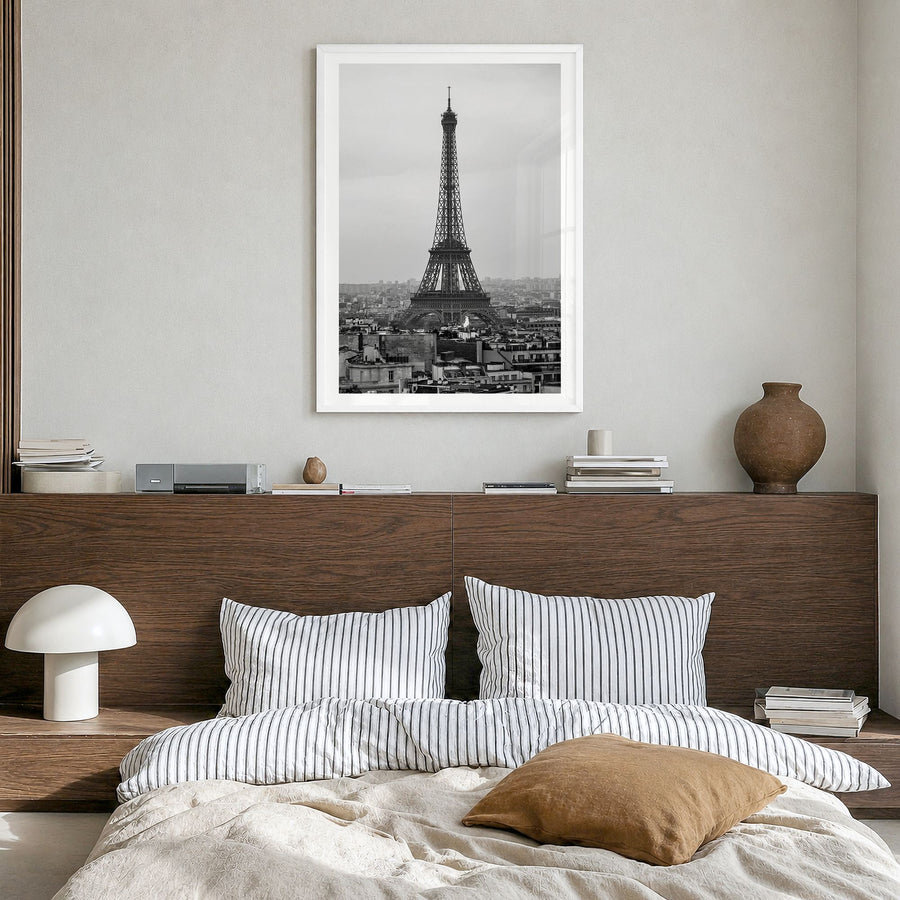 Paris Photo No 1 Poster in a white wood frame, hanging in a bedroom, white border