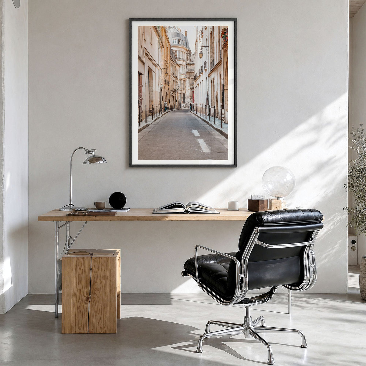 Paris Photo No 4 Poster in a black wood frame, hanging in a bright home office, white border