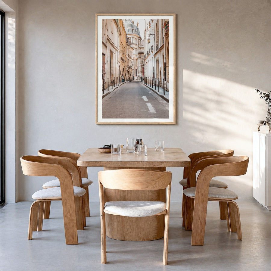 Paris Photo No 4 Poster in a natural wood frame, hanging in a dining room, white border