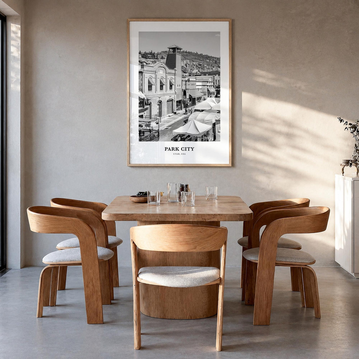 Park City black & white classic poster of Utah, USA – vertical wall art in natural wood frame, hanging on wall