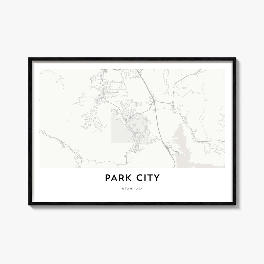 Park City black & white map poster of Utah, USA – horizontal wall art, unframed print shown in interior mockup
