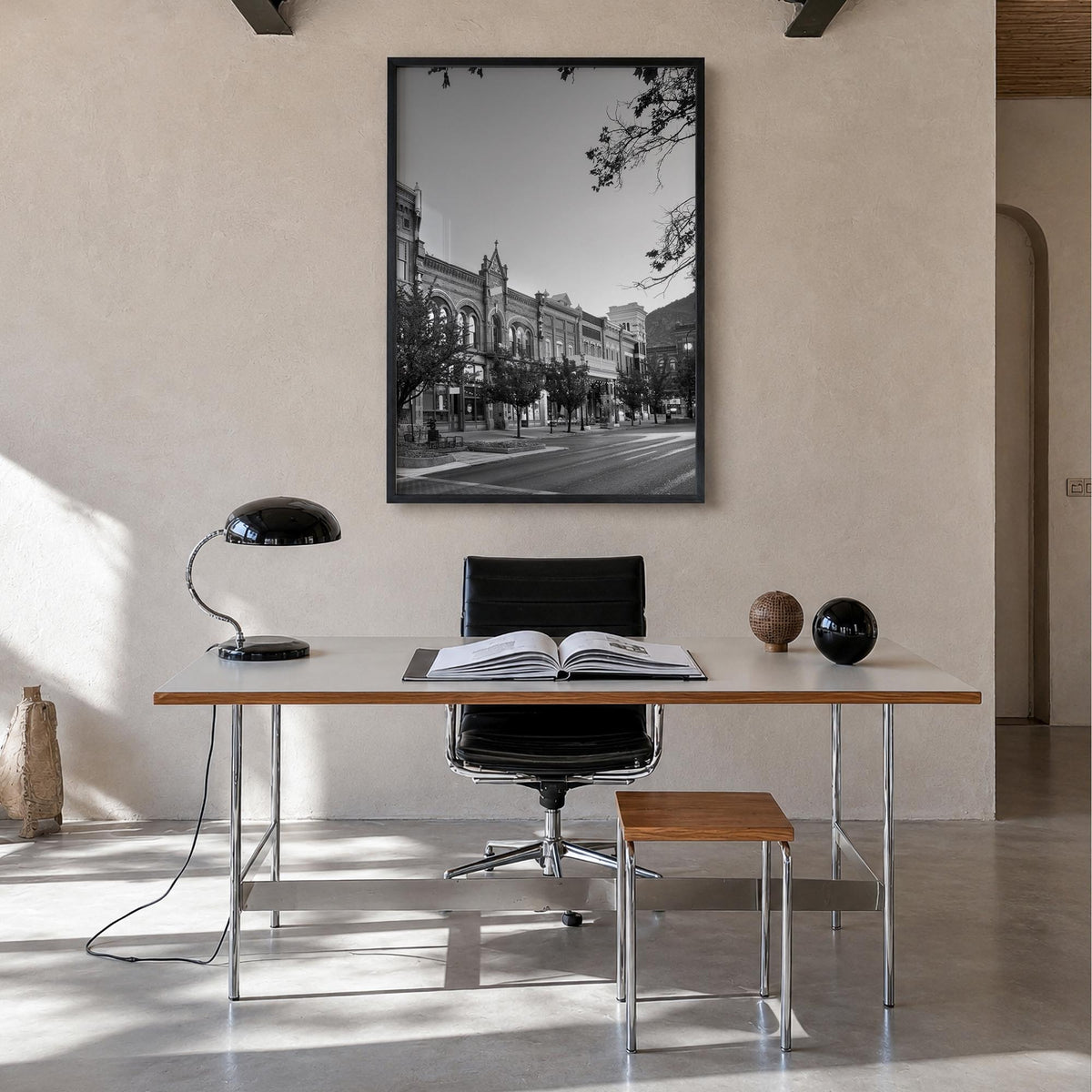 Park City black & white photo poster of Utah, USA – vertical wall art in black wood frame, hanging on wall