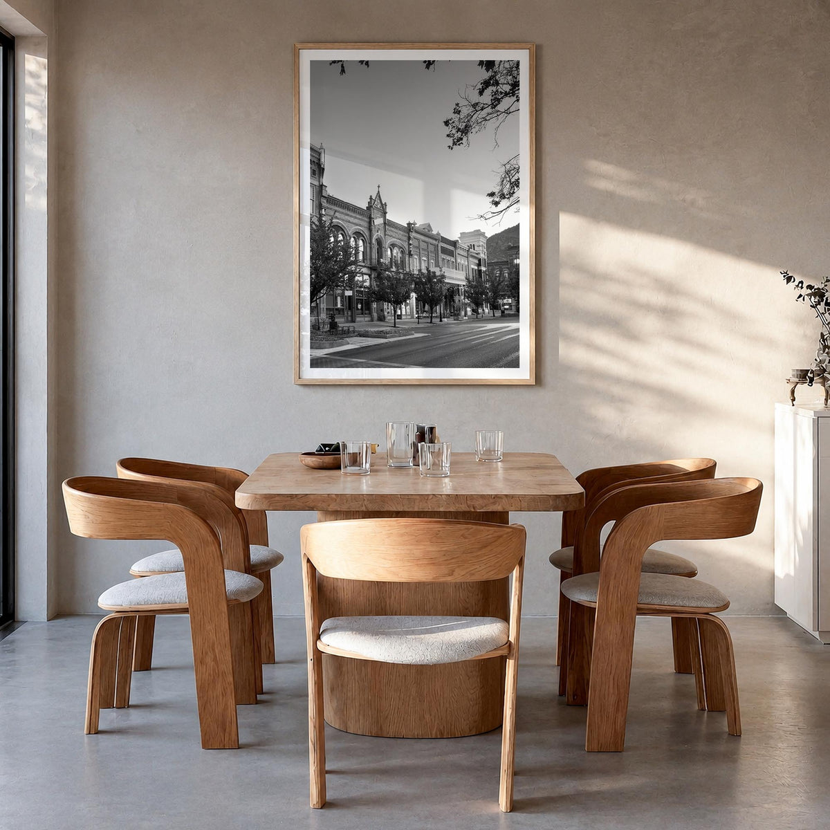 Park City black & white photo poster of Utah, USA – vertical wall art in natural wood frame with white border, hanging on wal