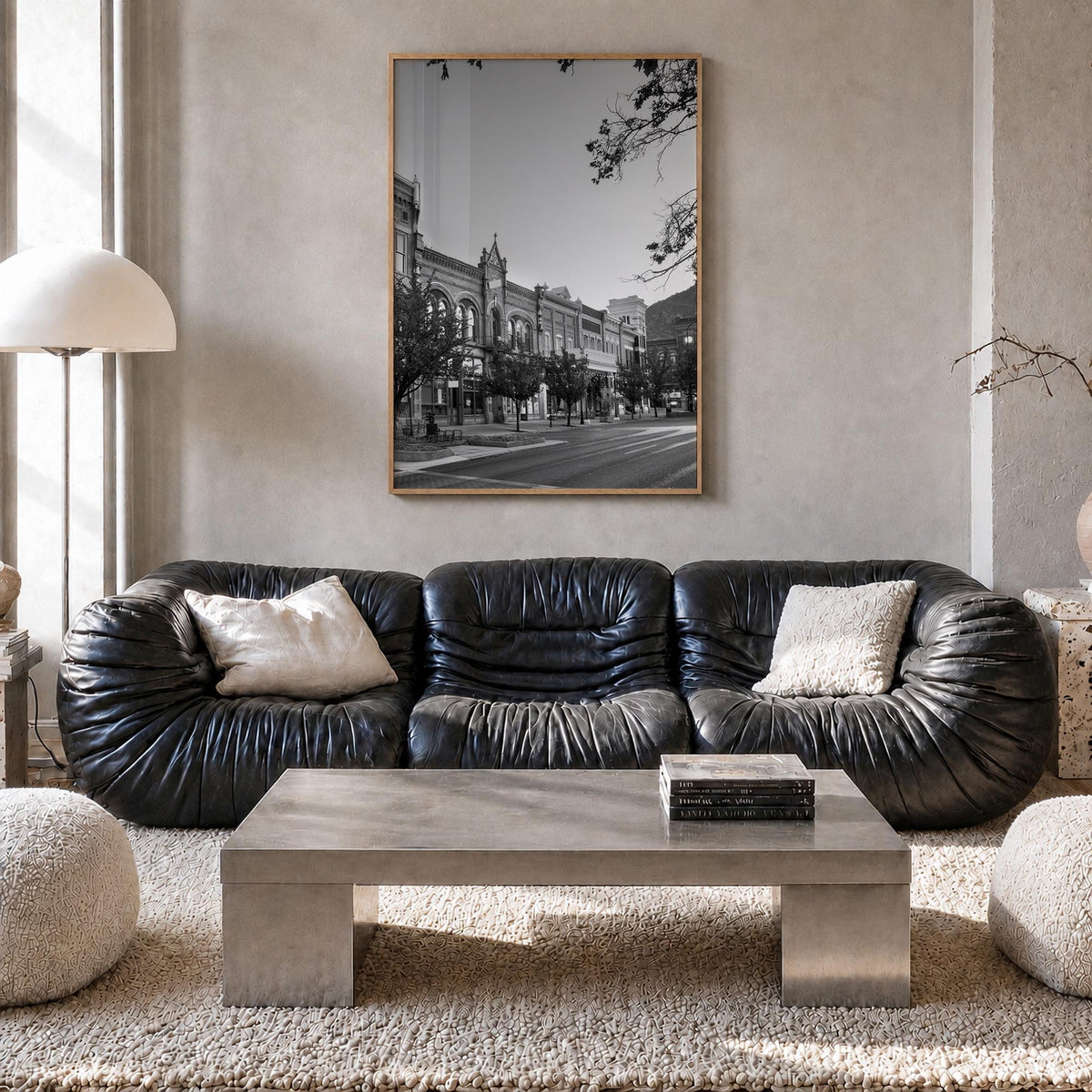 Park City black & white photo poster of Utah, USA – vertical wall art in natural wood frame, hanging on wall