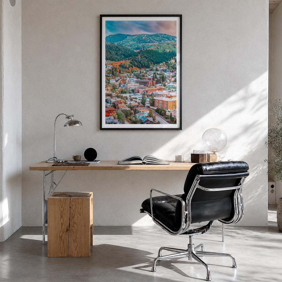 Park City no. 2 colorful photo poster of Utah, USA – vertical wall art in black wood frame with white border, hanging on wall
