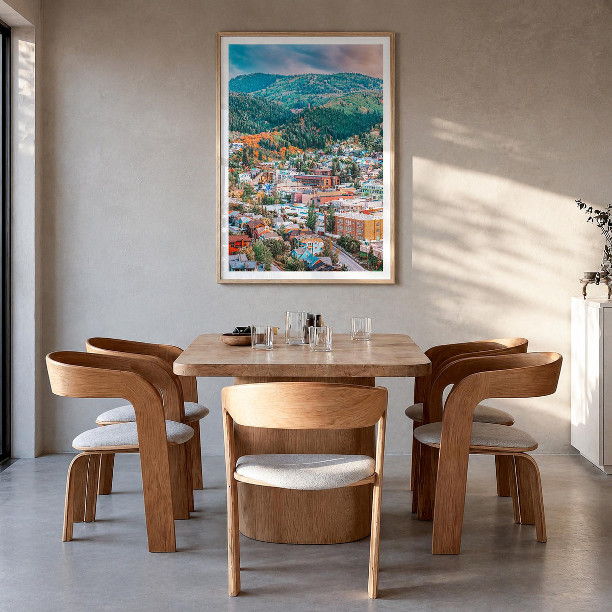 Park City no. 2 colorful photo poster of Utah, USA – vertical wall art in natural wood frame with white border, hanging on wa