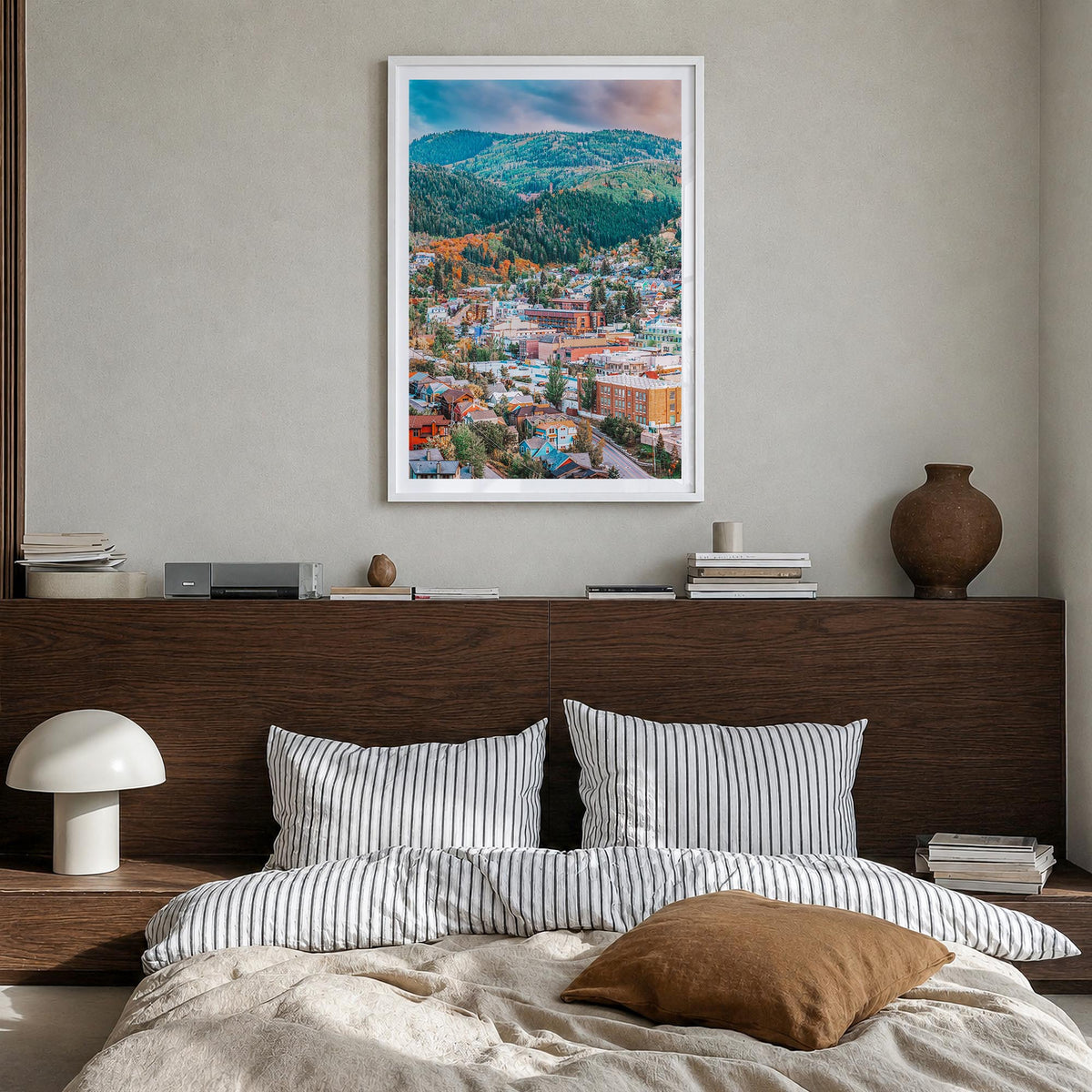 Park City no. 2 colorful photo poster of Utah, USA – vertical wall art in white wood frame with white border, hanging on wall