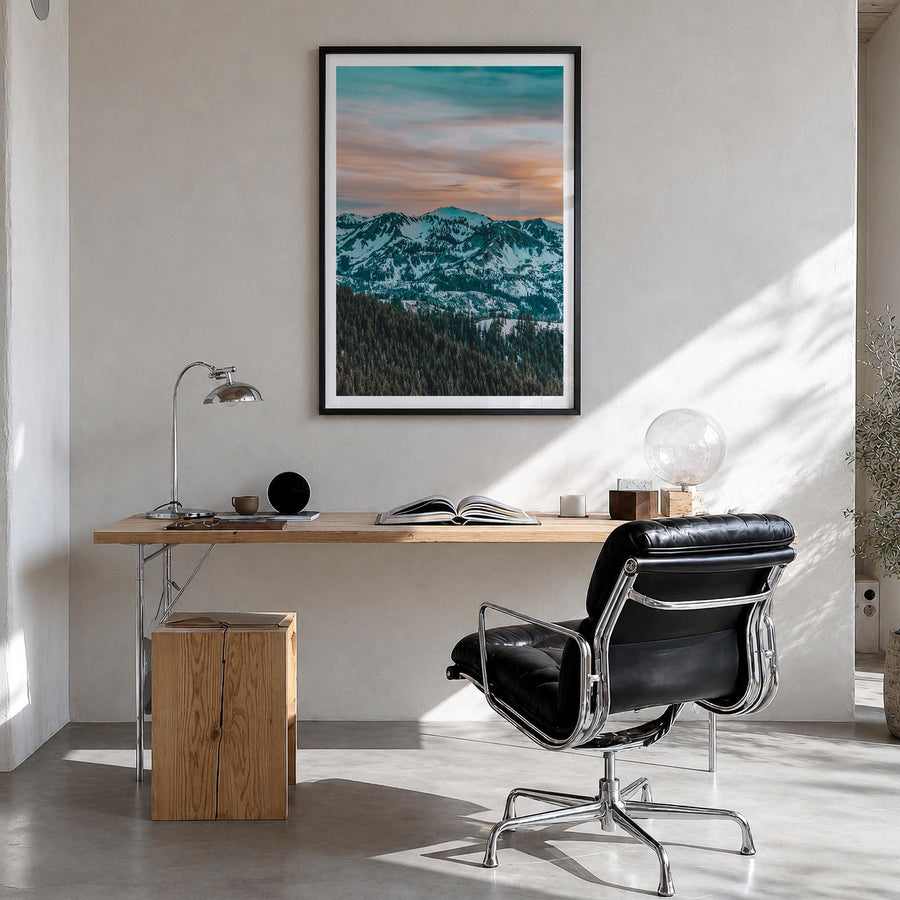 Park City no. 1 colorful photo poster of Utah, USA – vertical wall art in black wood frame with white border, hanging on wall
