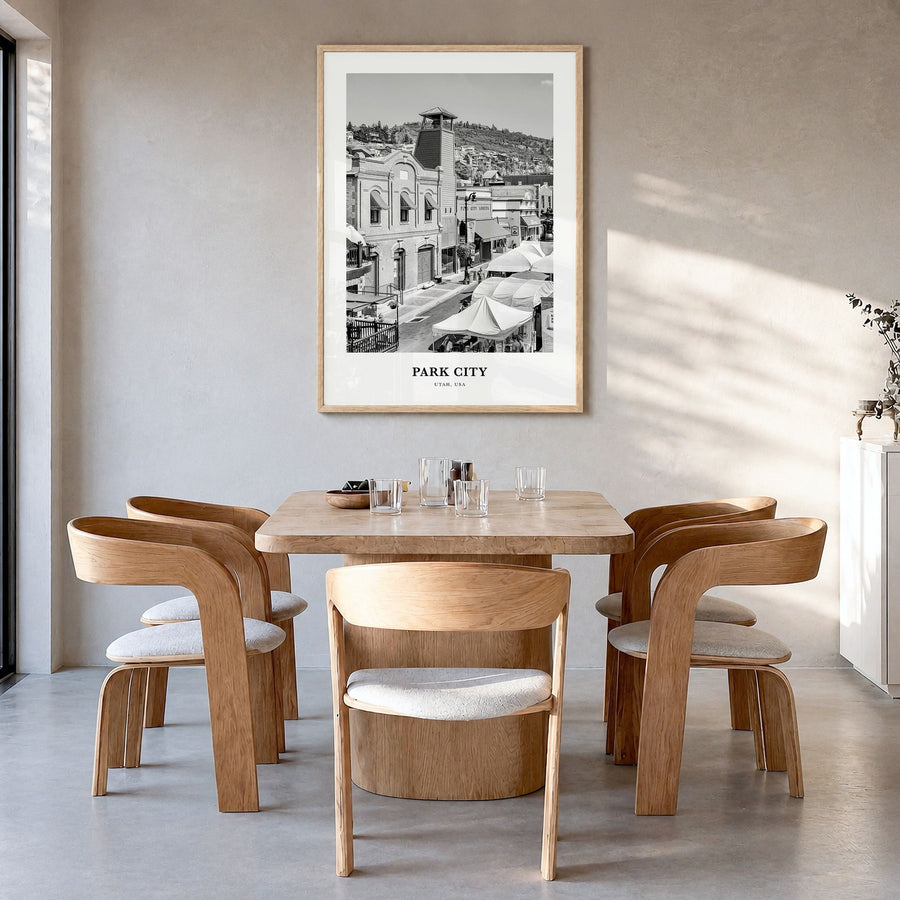 Park City Classic Poster in a natural wood frame, hanging in a dining room