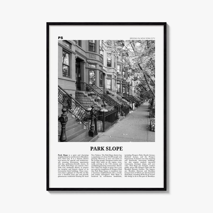 Park Slope black & white newspaper poster of Brooklyn, New York City – vertical wall art, unframed print shown in interior mo
