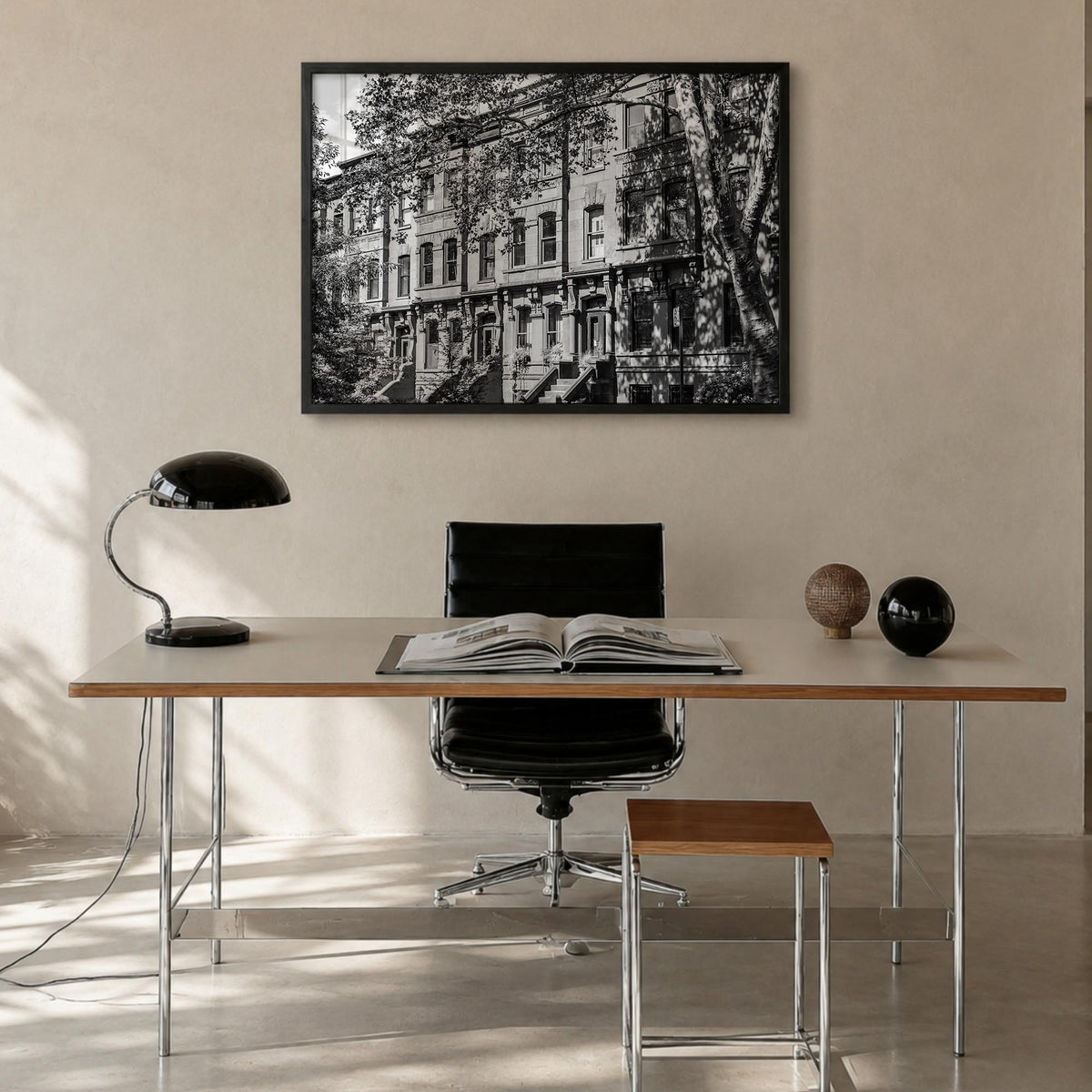 Park Slope black & white photo poster of Brooklyn, New York City – horizontal wall art in black wood frame, hanging on wall