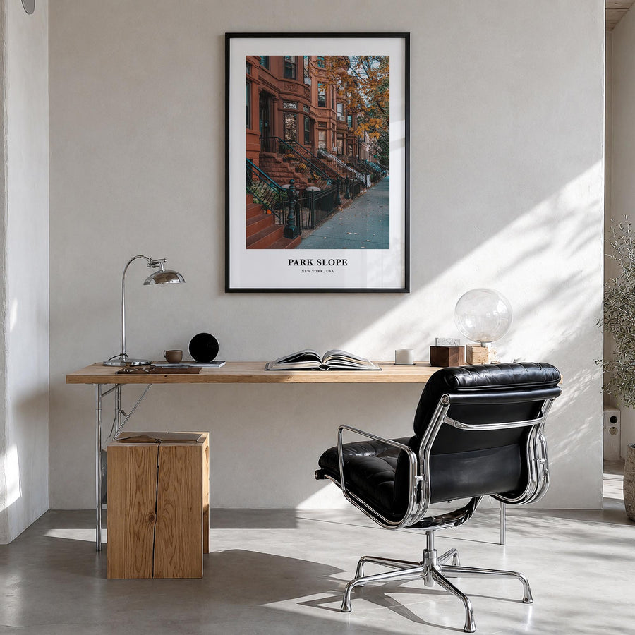 Park Slope colorful classic poster of Brooklyn, New York City – vertical wall art in black wood frame, hanging on wall