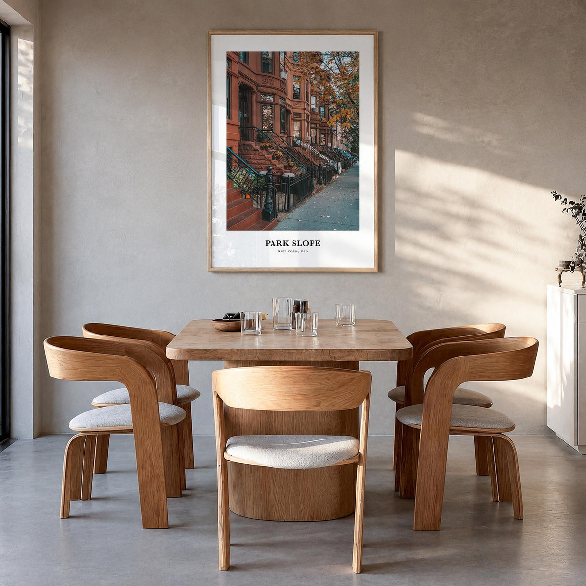 Park Slope colorful classic poster of Brooklyn, New York City – vertical wall art in natural wood frame, hanging on wall