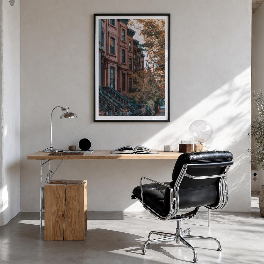 Park Slope colorful photo poster of Brooklyn, New York City – vertical wall art in black wood frame with white border, hangin