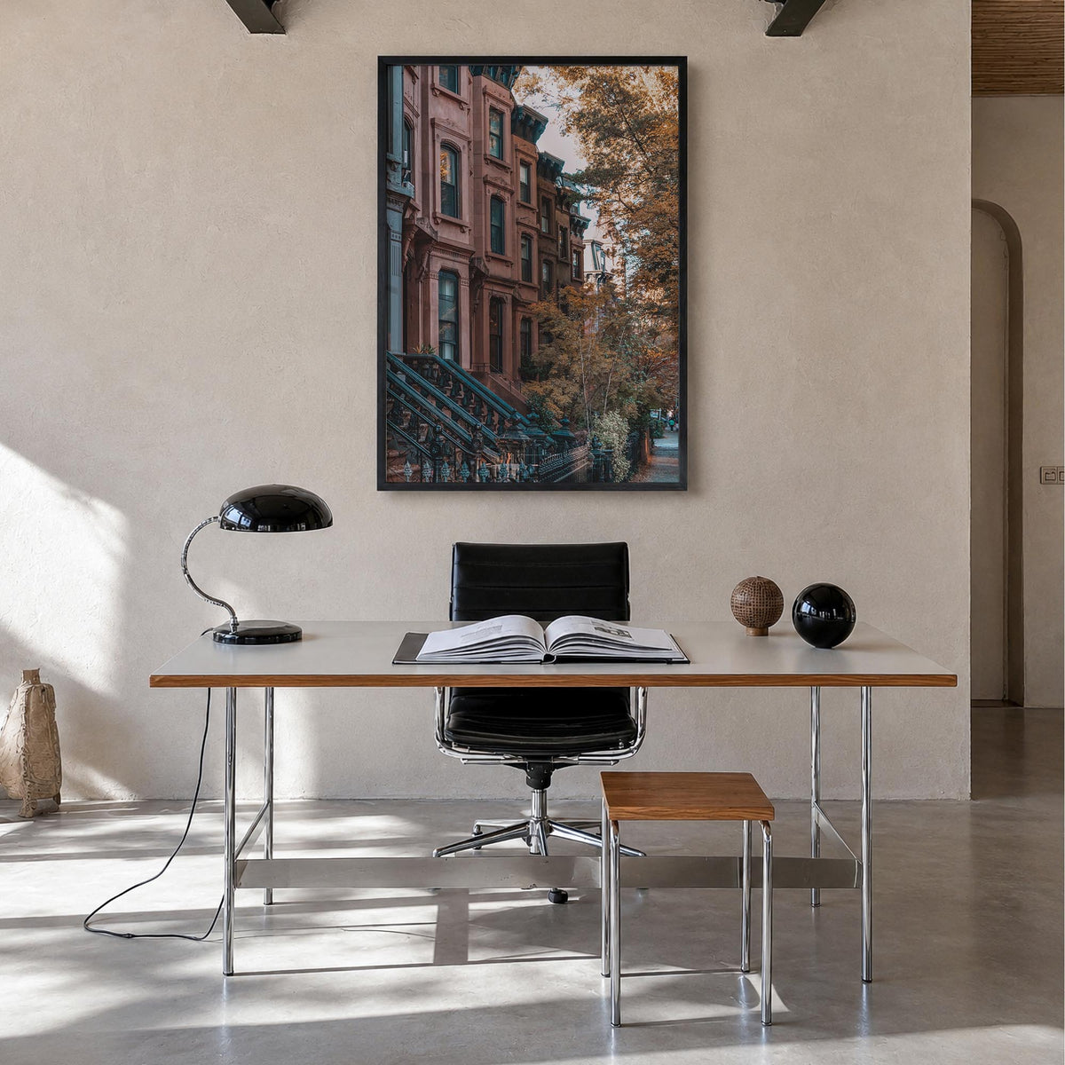 Park Slope colorful photo poster of Brooklyn, New York City – vertical wall art in black wood frame, hanging on wall