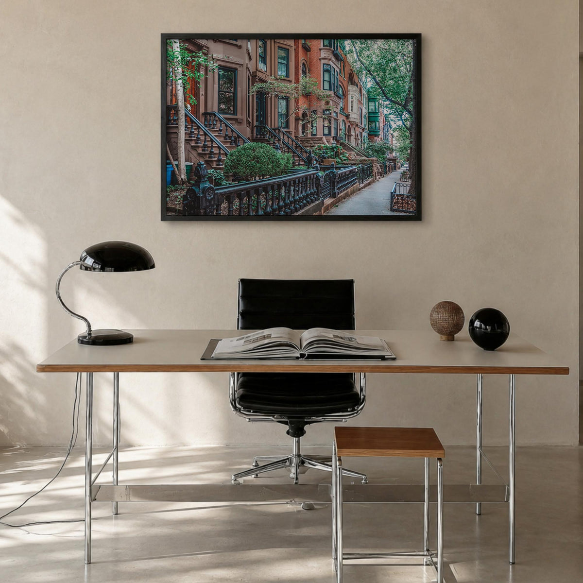 Park Slope colorful photo poster of Brooklyn, New York City – horizontal wall art in black wood frame, hanging on wall