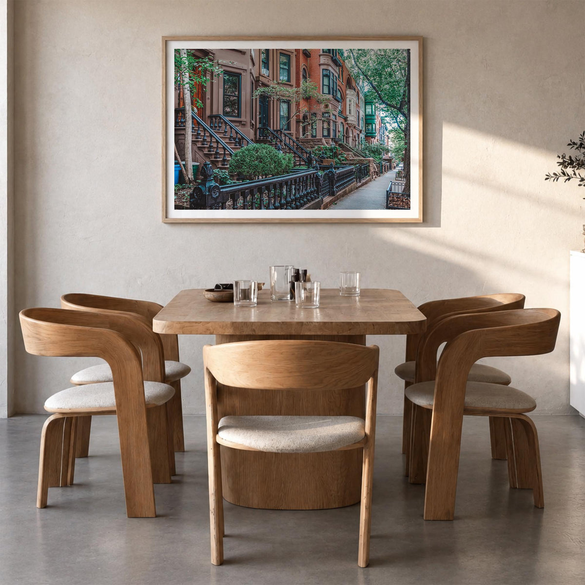 Park Slope colorful photo poster of Brooklyn, New York City – horizontal wall art in natural wood frame with white border, ha