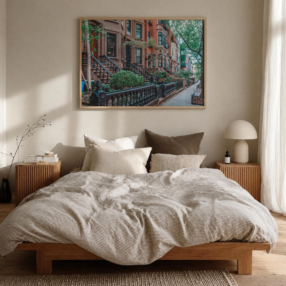 Park Slope colorful photo poster of Brooklyn, New York City – horizontal wall art in natural wood frame, hanging on wall