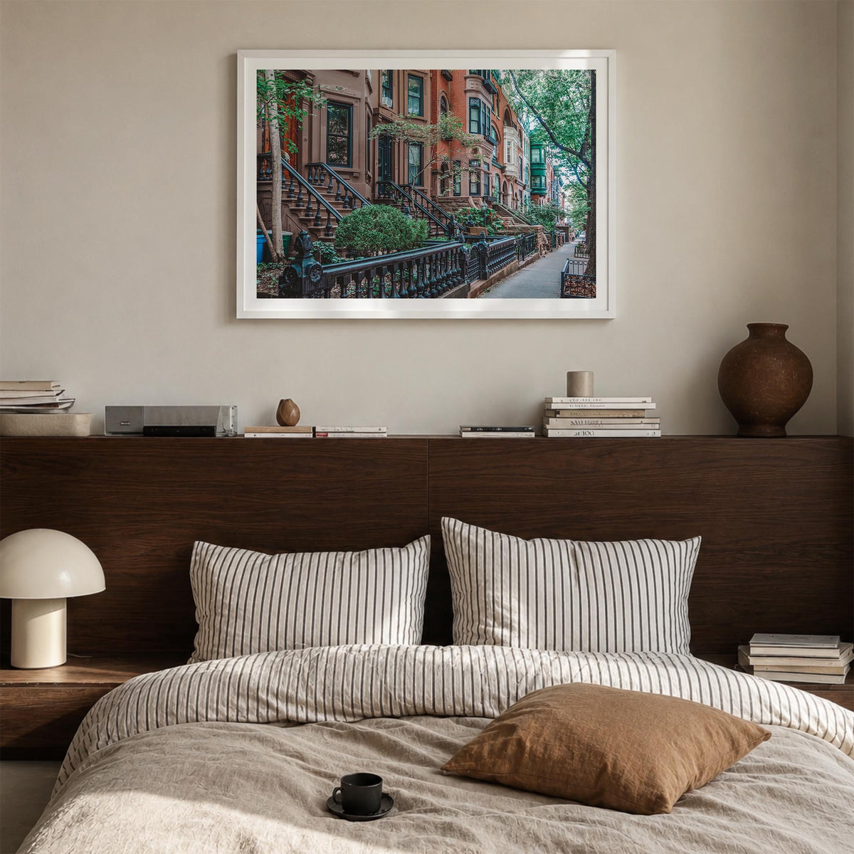 Park Slope colorful photo poster of Brooklyn, New York City – horizontal wall art in white wood frame with white border, hang