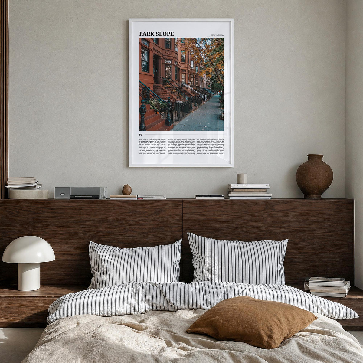 Park Slope colorful travel poster of Brooklyn, New York City – vertical wall art in white wood frame, hanging on wall