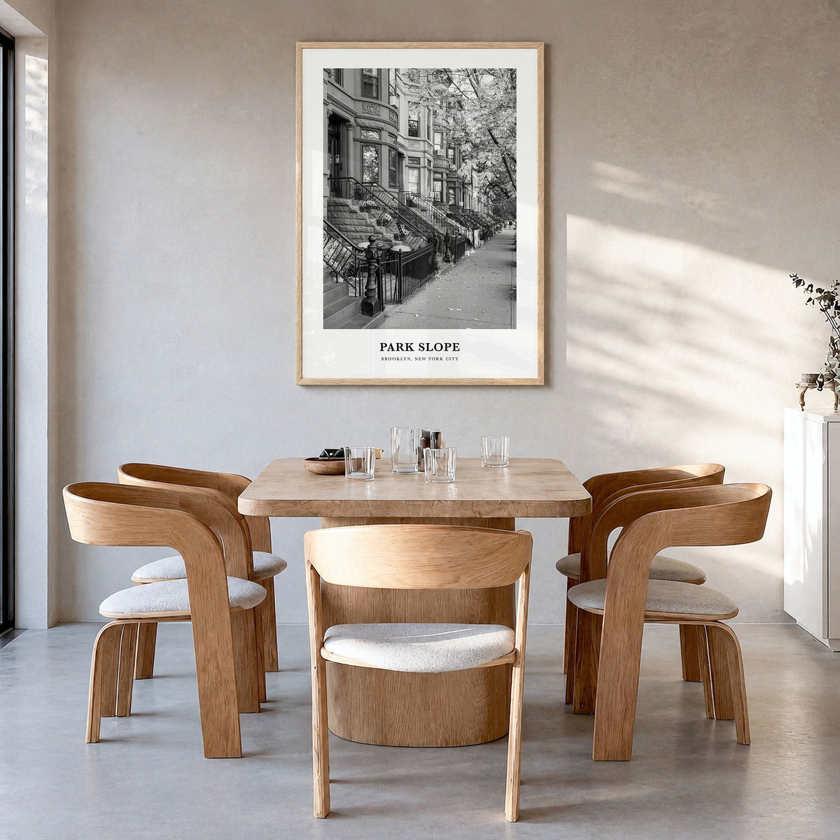 Park Slope Classic Poster in a natural wood frame, hanging in a dining room