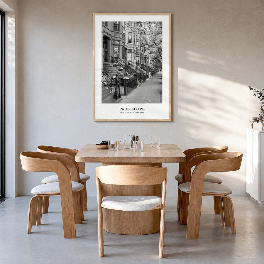 Park Slope Classic Poster in a natural wood frame, hanging in a dining room