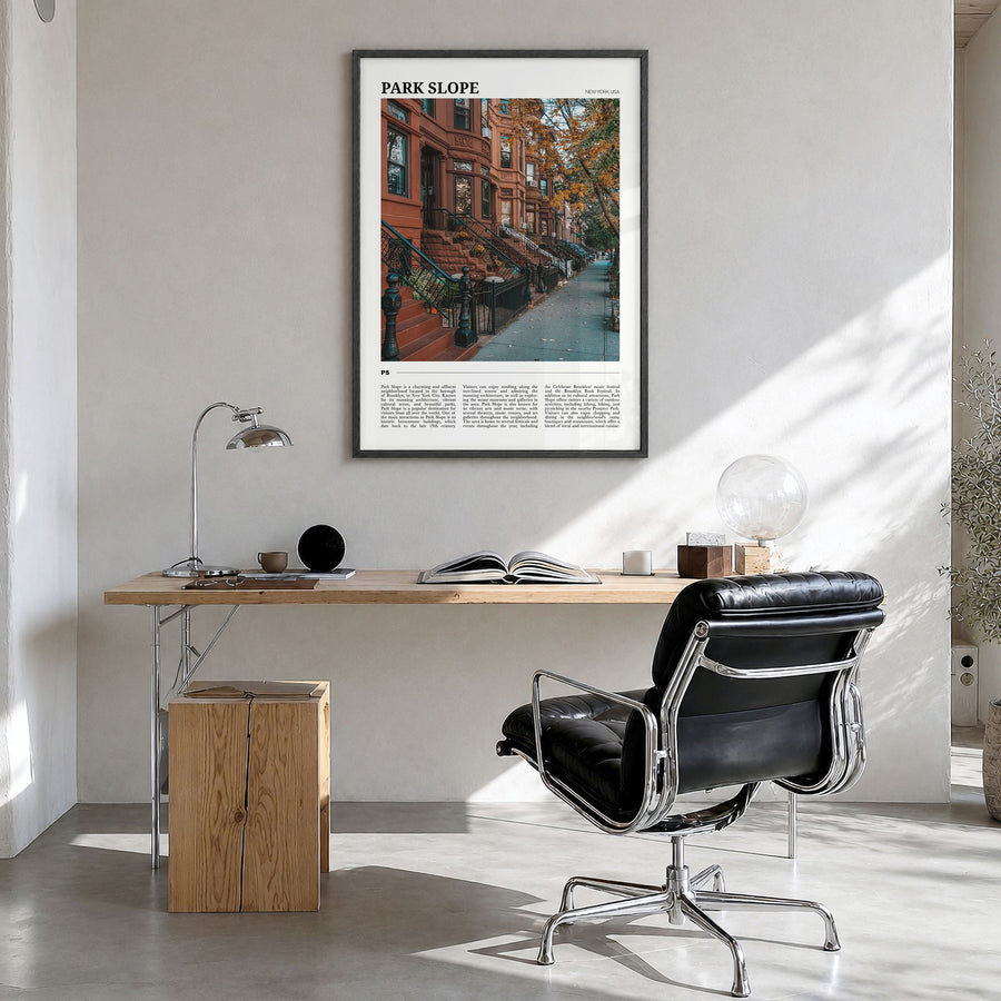 Park Slope Travel Poster in a black wood frame, hanging in a bright home office