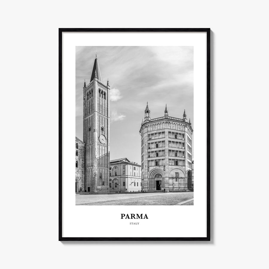 Parma black & white classic poster of Italy – vertical wall art, unframed print shown in interior mockup