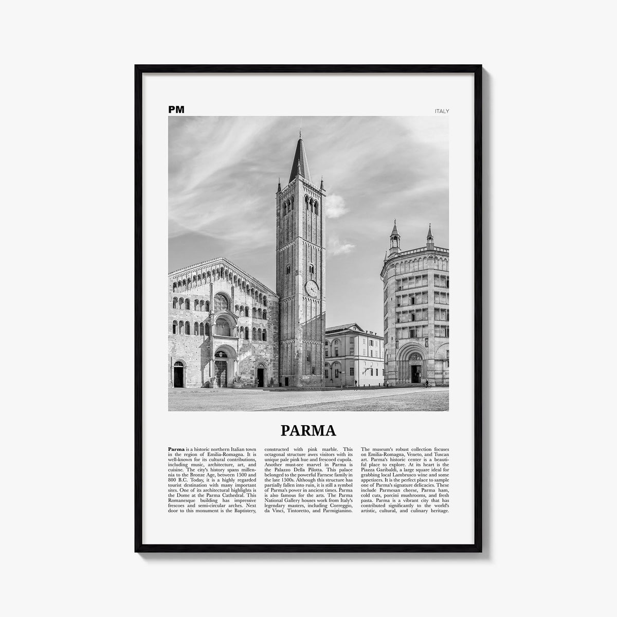 Parma black & white newspaper poster of Italy – vertical wall art, unframed print shown in interior mockup